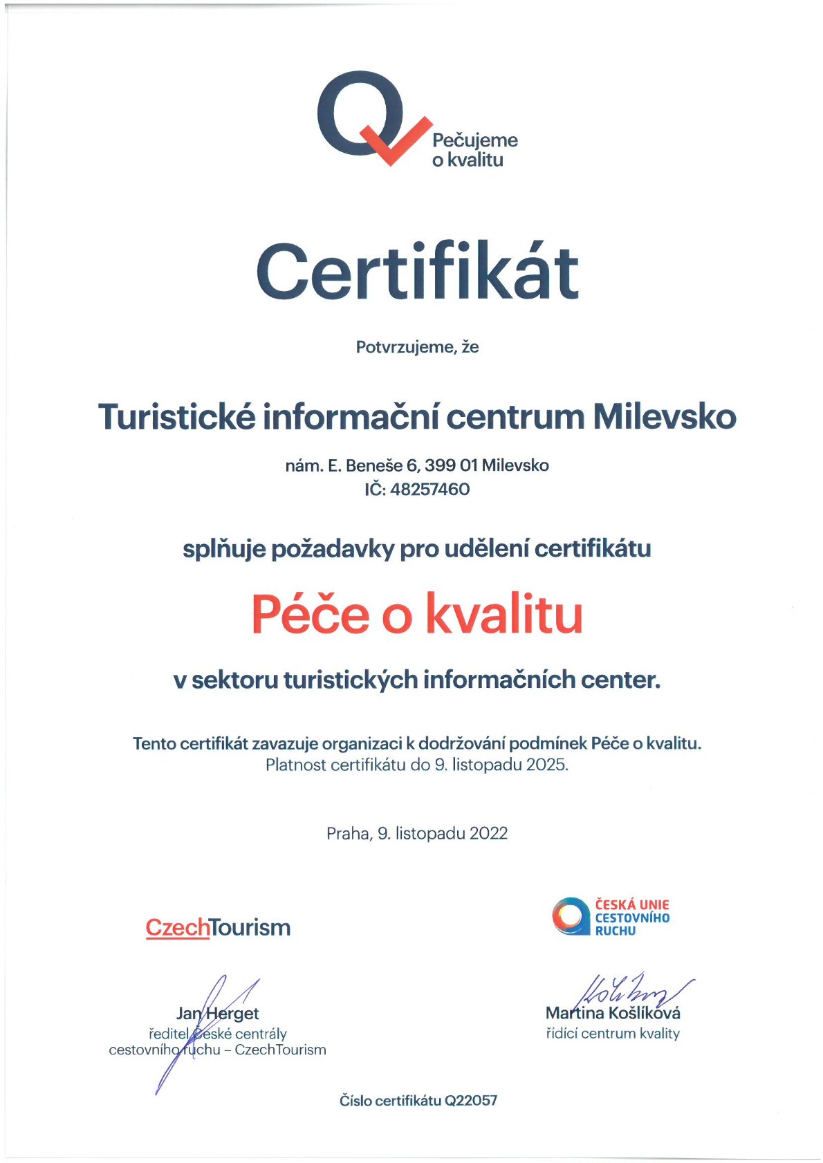Foto Certifikát Péče o kvalitu platný do 9. 11. 2025