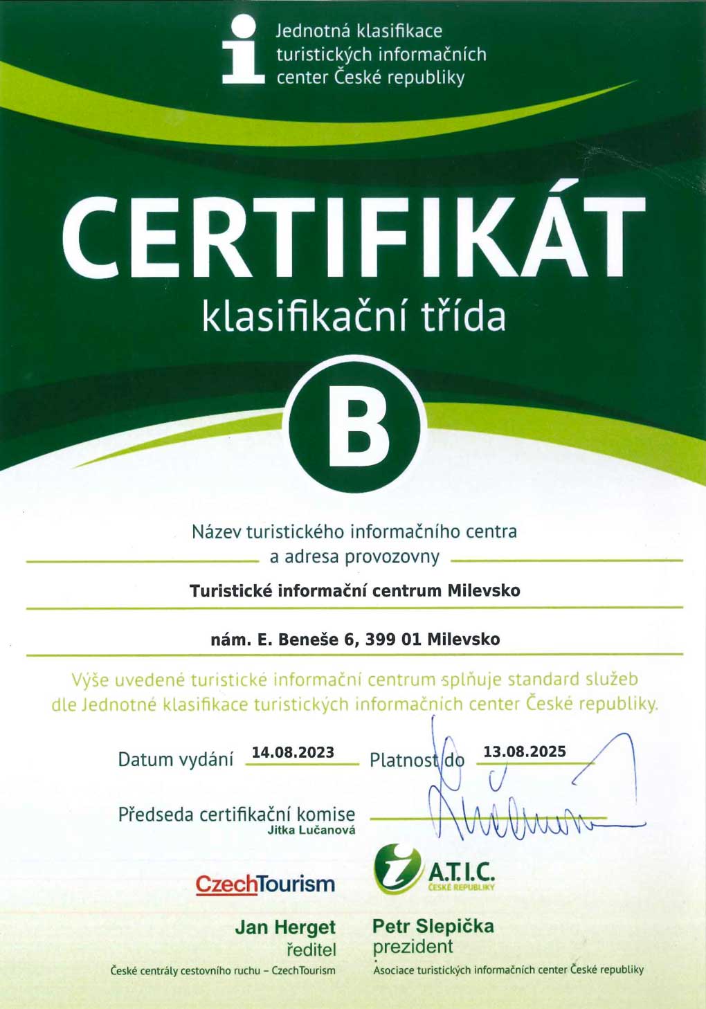 Foto Certifikát A.T.I.C. ČR platný do 13.8.2025
