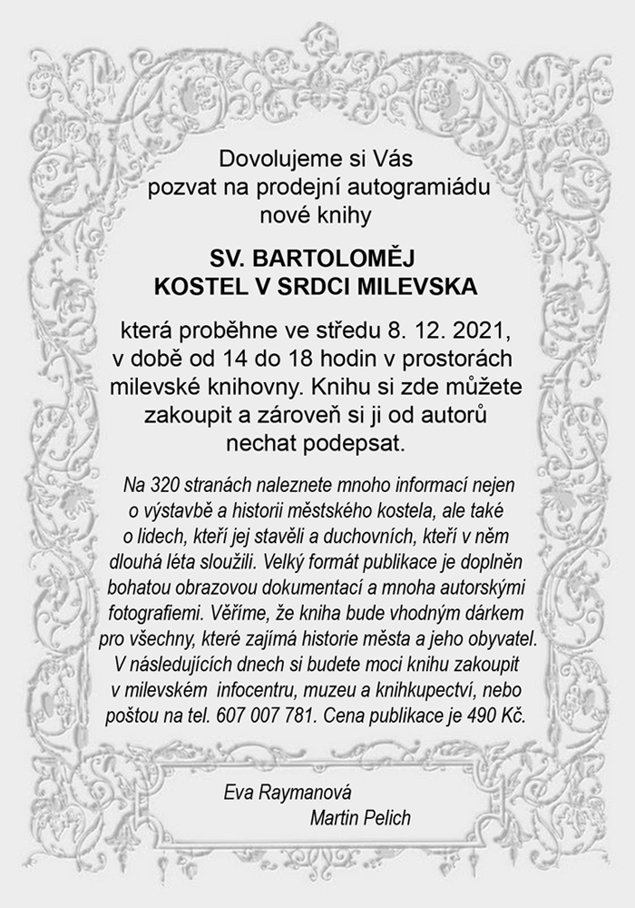 Plakát Prodejní autogramiáda knihy Sv. Bartoloměj kostel v srdci Milevska
