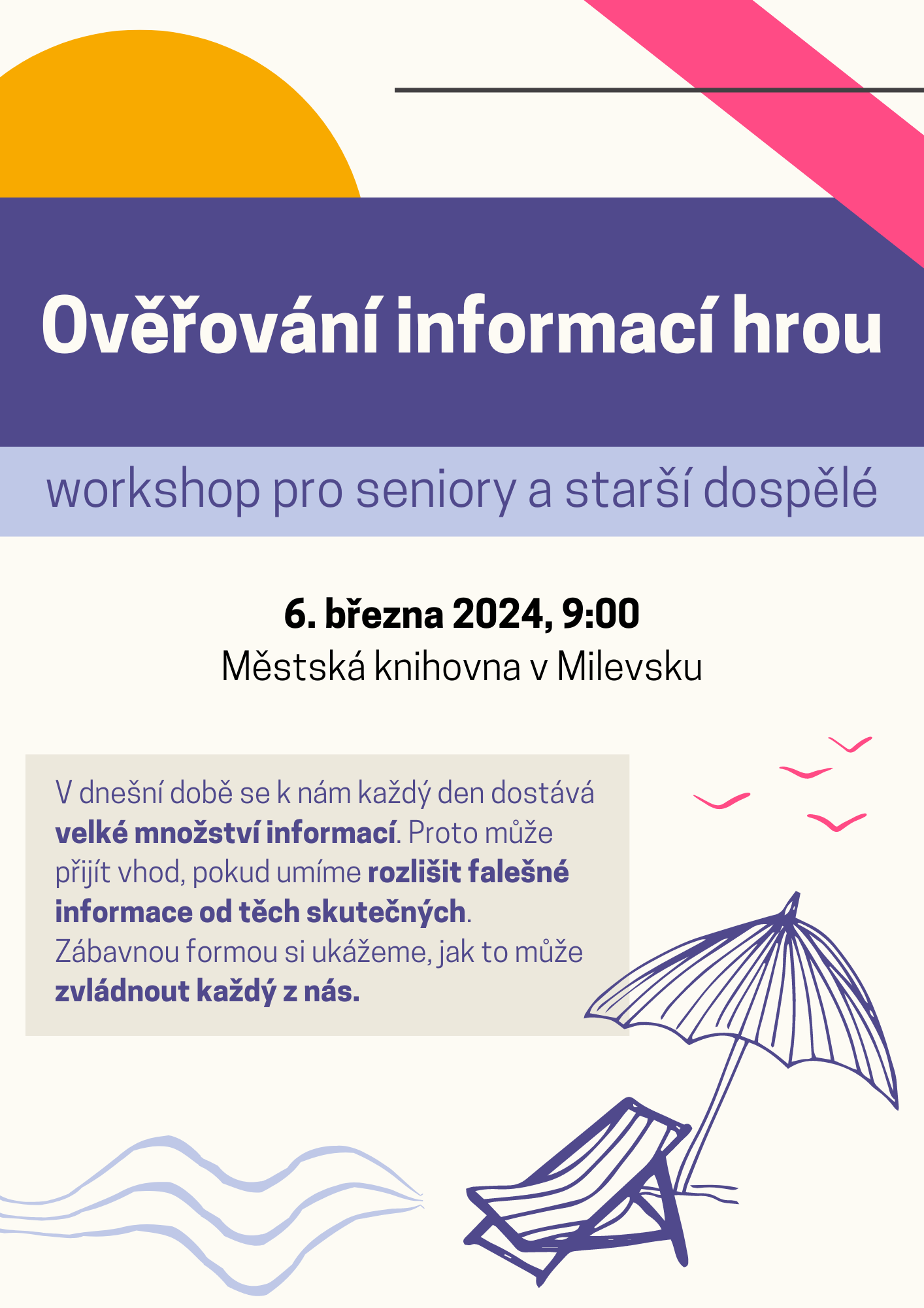 Plakát Ověřování informací hrou: nový workshop pro seniory