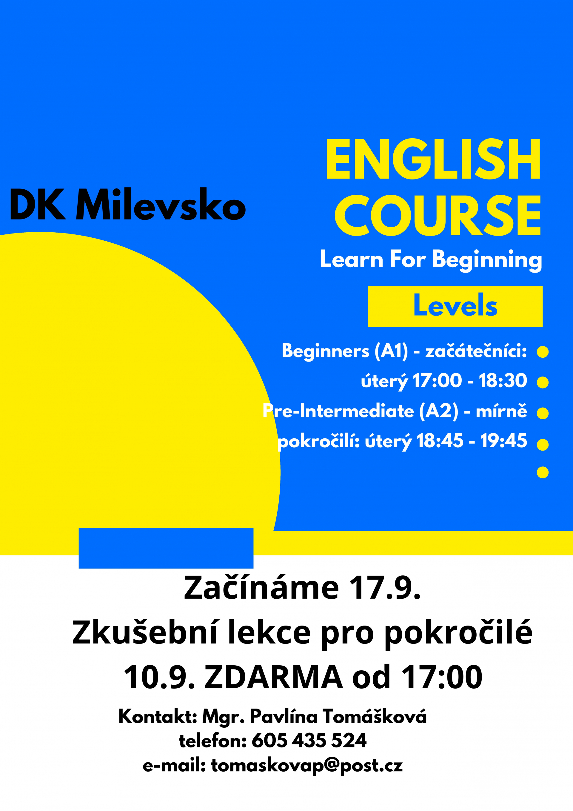 Plakát Englis course - zkušební lekce pro mírně pokročilé